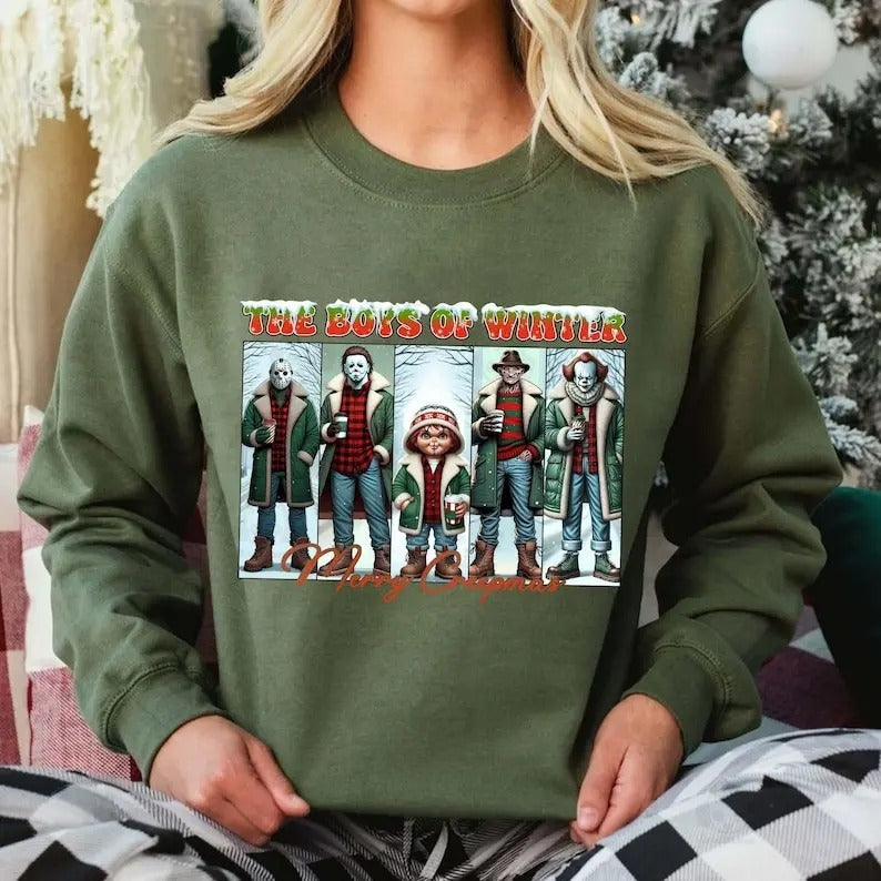 The Boys Of Winter Sweatshirt, Christmas Movie Shirt, Horror Character, Merry Creepmas, Xmas Horror Friends, Unisex Long Sleeve Crewneck