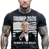 Trump 2028 Shirt, Portrait of Trump with USA Flag, "Rewrite the Rules" Slogan, Bold Patriotic Conservative Election Support Tee, For Men, For Women