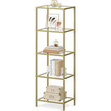 Narrow, Gold, Metal Frame, Glass Shelves, Shelving Unit, Slim, 4-Shelf Bookcase