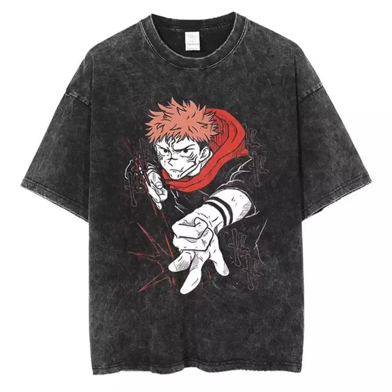 VINTAGE Washed T-shirt Jujutsu Kaisen Itadori Yuji Fashion Short Sleeves Tee Cotton Menswear