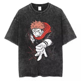 VINTAGE Washed T-shirt Jujutsu Kaisen Itadori Yuji Fashion Short Sleeves Tee Cotton Menswear