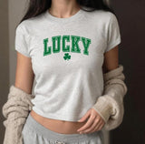 Varsity Lucky 4 Leaf Clover Baby Tee, Four Leaf Clover Croptop Baby Tee, y2k St Patricks Day Crop Womenswear Athletic