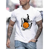 Vibrant Basketball Graphic Print T-shirt - Comfortable Short Sleeve, Classic Crew Neck, Ultra-Casual Wear - Perfect for Mens Summer Wardrobe, Ideal for Outdoor Activities Made in USA