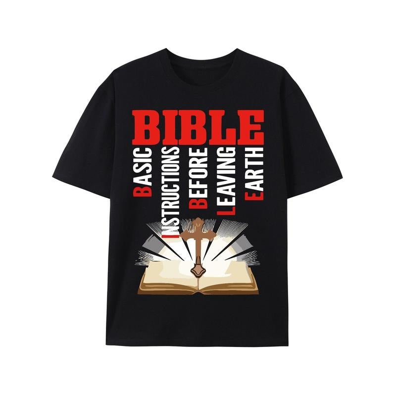 Vibrant Bible and Cross Print T-Shirt for Men - Soft, Breathable, Casual Short Sleeve Crew Neck Tee for Summer, Spring, Fall - Perfect Gift for Him, Christian, Churchgoer, or Anyone Who Loves Faith-Inspired Fashion Made in USA