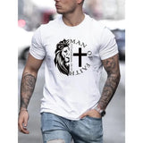 Vibrant Lion And Cross Print Crew Neck Short Sleeve Sports T-Shirt - Men's Fashionable Comfort Fit Tee for Summer and Spring - Athletic Style, Versatile, Breathable, and Soft Made in USA