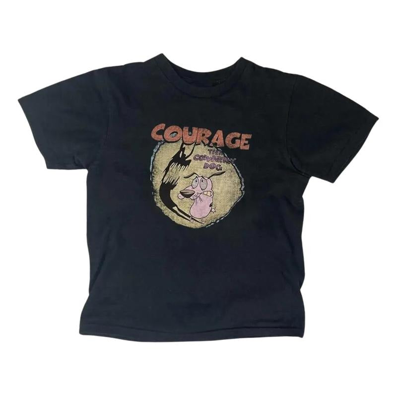 Vinatage Courage Dog Baby Tee - Gothic Emo Girl Tops, Cute Baby Tee, Women's Vintage T-Shirt, Casual Crewneck, Short Sleeve, Fitted Design