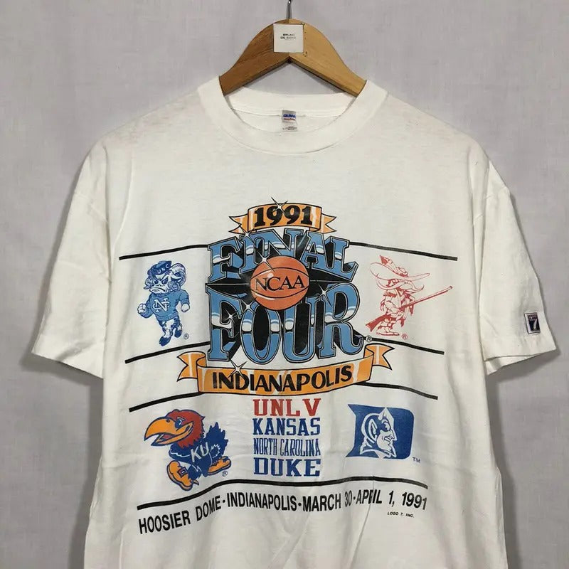 Vintage 1991's Final Four Indianapolis, UNLV, Tar Heels, Jayhawks, Duke t-shirt Classic Cotton college merch Menswear Top