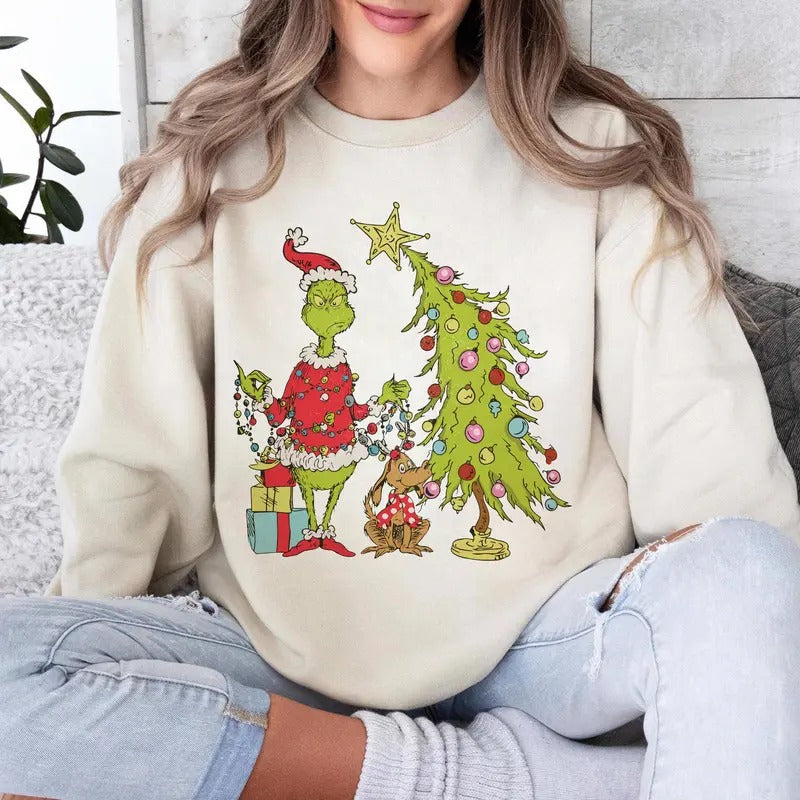 Vintage Grlnch Christmas Tree Sweatshirt, Whimsical Grnch Max Tree Sweatshirt, Retro Xmas Tee, Funny Grinchy Gift