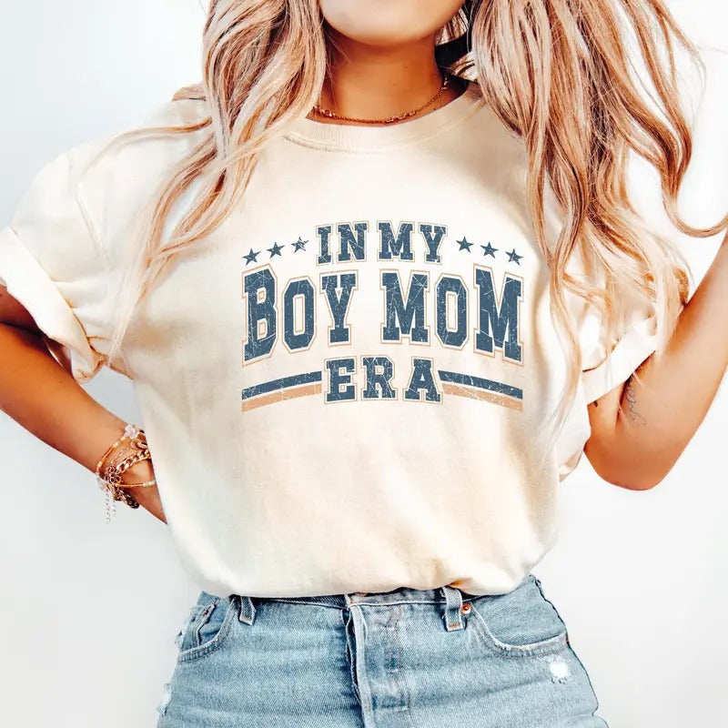 Vintage In My Boy Mom Era Shirt, Unisex Cotton For Men, Casual Polyeste Crewneck Shortsleeve