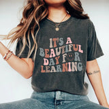 Vintage It's A Beautiful Day For Learning Teacher T-Shirt, Unisex Cotton For Men, Casual Polyeste Crewneck Shortsleeve