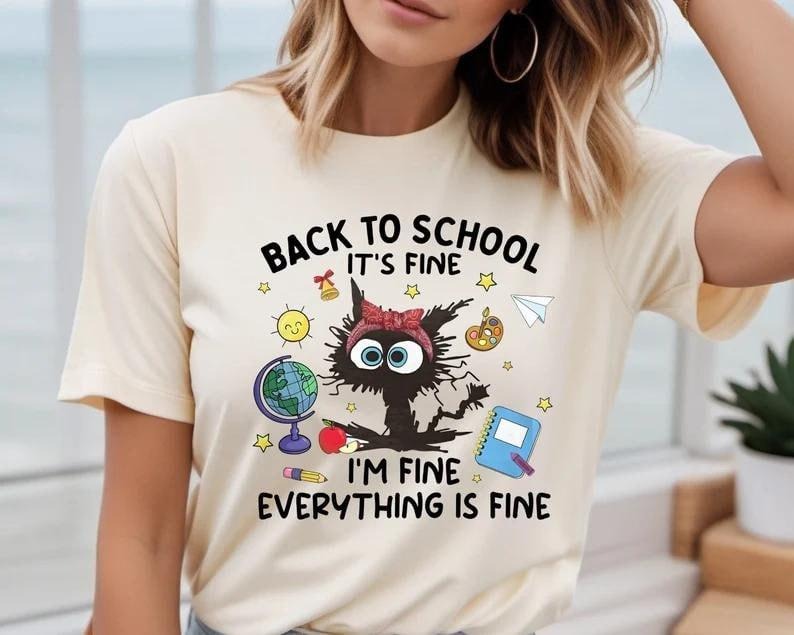 Vintage It's Fine I'm Fine Everything Teacher T-Shirt, Unisex Cotton For Men, Casual Polyeste Crewneck Shortsleeve