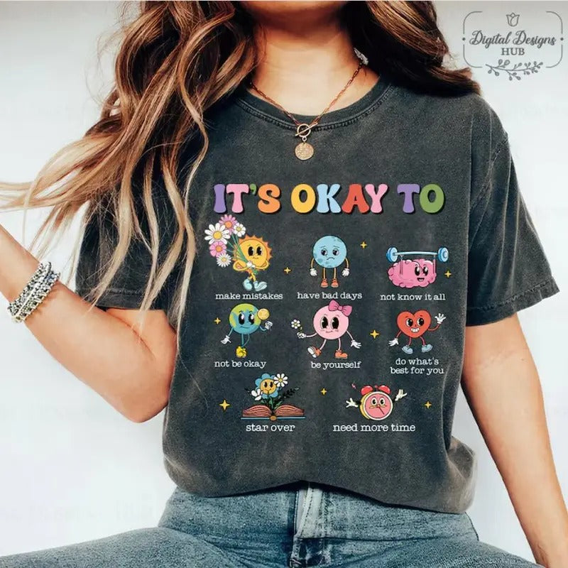 Vintage It's Okay To Teacher T-Shirt, Unisex Cotton For Women, Casual Polyeste Crewneck Shortsleeve