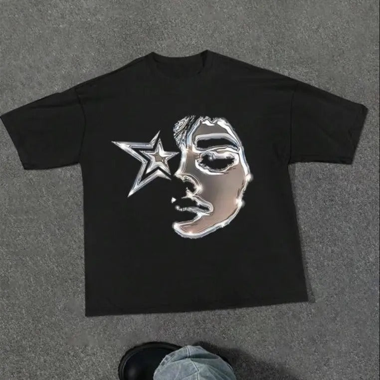 Vintage Men's Figure & Star Print Drop Shoulder Graphic Tee, Sweatshirt, Hoodie Gift For Women Top Womenswear Underwear Cotton T-Shirt Polyester Streetwear Casual