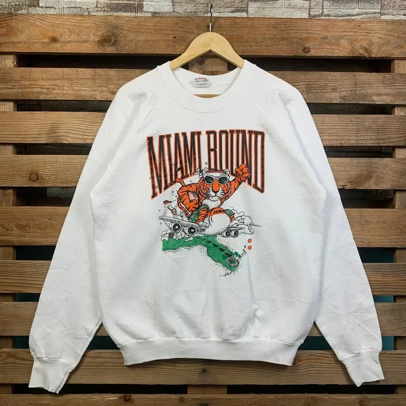 Vintage NCAA Miami Bound Sweatshirt Miami Bound Pullover Sweater Miami Bound Crewneck Miami Bound Logo Graphic White Colour Large Size