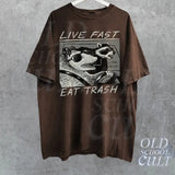 Vintage Opossum Live Fast Eat Trash 90s Style Graphic T-Shirt, Retro Raccoon Shirt, Trendy Shirts, Adult Unisex Relaxed Shirt, Washed Tee
