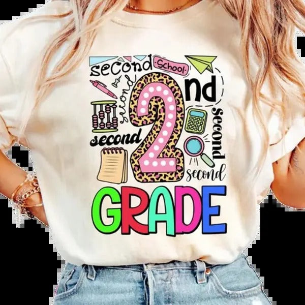 Vintage Second Grade T-Shirt, Teacher Shirt, Unisex Cotton For Men, Casual Polyeste Crewneck Shortsleeve