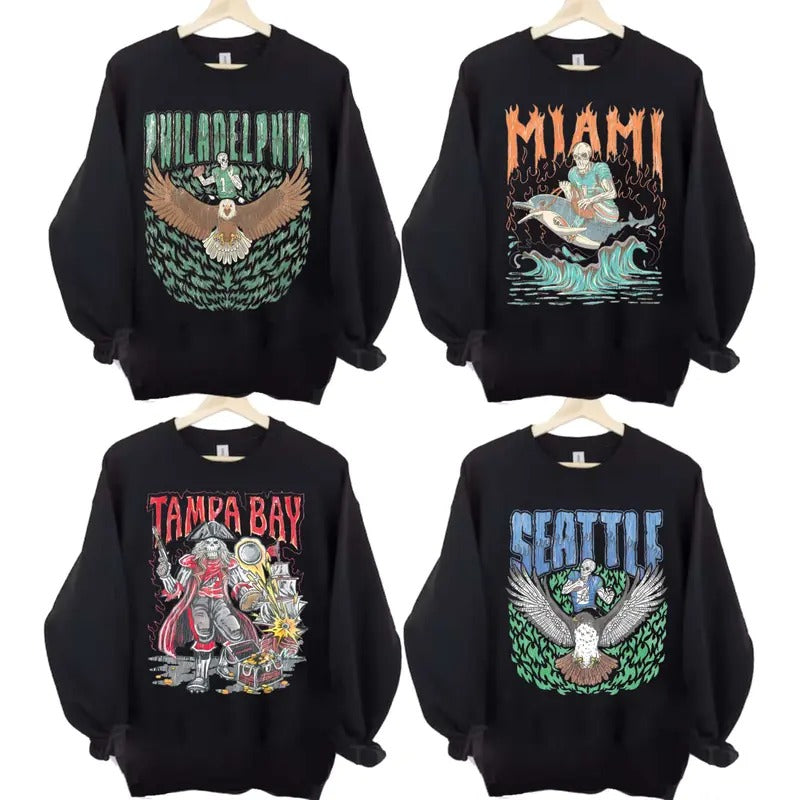 Vintage Skeleton All Teams Football Black Sweatshirt, Gildan Unisex Crewneck Sport Classic Sweatshirt All Teams Football, White Menswear Soft Sweatshirt