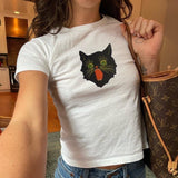 Vintage Style Halloween Black Cat Baby Tee For Her Gift, Witchy Vibes Baby Tee For Her, Coquette Baby Tee, Retro Cat Baby Tee For Cat Lover