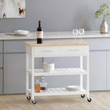 Modern, White, Kitchen Island, Cart, Wood Top, 2 Drawers, 2 Bottom Shelves