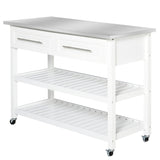 White Rolling Kitchen Island 2 Drawers Storage with Stainless Steel Top