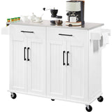 White, Kitchen Cart, Island, Stainless Steel, Top, 2 Drawers, Cabinet