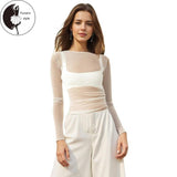 Women Basic Mesh Tops Casual Swiss Dot Sheer Long Sleeve Shirt