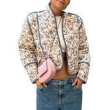 Women Crop Quilted Jacket Lightweight Casual Floral Print Open Front Long Sleeves Fall Cardigan for Outwear Streetwear Fashion Womenswear