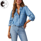 Women Denim Shirts Solid Color Turn Down Collar Long Sleeve Jean Blouses Spring Loose Casual Tops Streetwear
