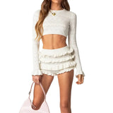 Women Fall Shorts Outfits Solid Color Crew Neck Long Sleeve Knit Crop Tops Ruffles Shorts 2 Pieces Clothes Set Cotton Womenswear