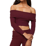 Women Knit Crop Tops Solid Color Boat Neck Long Sleeve Sweater Spring Fall CasualFit T-Shirts Streetwear