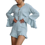 Women Pajamas Set 2 Pieces Loungewear Suits Solid Color Buttons Front Long Sleeve Tops and Shorts Sleepwear Outfits Cotton Womenswear