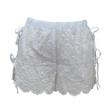 Women Summer Eyelet Lace Shorts Casual Side Tie up Cutout Elastic Short Pants for Vacation Beach Club Streetwear Fashion Womenswear