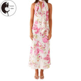 Women Summer Sleeveless Dress Floral Print Cowl Neck Backless Halter Neck Dress and Scarf for Beach Club Streetwear