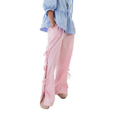 Women Wide-Leg Pants Stripe Side Tie-Up Loose Trousers Spring Summer Casual Sweatpants Bottoms Womenswear Check