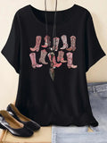 Women's Boot Print Round Neck Graphic Tee, Vintage Trendy Casual Short Sleeve T-shirt for Daily Wear, Ladies Summer Outfit