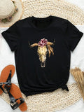 Women's Bull Head Print Round Neck Tee, Fashion Casual Crew Neck Short Sleeve T-shirt for Daily Holiday Vacation Outdoor Wear, Ladies Clothes for All Seasons