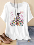 Women's Butterfly & Bicycle Print Drop Shoulder Tee, Casual Half Sleeve Round Neck T-Shirt for Summer, Ladies Clothes for Daily Wear