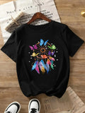 Women's Butterfly & Feather Print Round Neck Tee, Fashion Casual Crew Neck Short Sleeve T-Shirt for Daily Holiday Vacation Outdoor Wear, Ladies Clothes for Summer