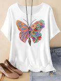 Women's Butterfly & Floral Print Round Neck Tee, Casual Short Sleeve Crew Neck T-Shirt for Summer, Fashion Women's Top for Daily Wear