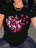 Women's Butterfly & Heart Print Round Neck Tee, Fashion Casual Crew Neck Short Sleeve T-shirt for Daily Holiday Vacation Outdoor Wear, Ladies Clothes for All Seasons