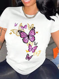 Women's Butterfly Print Round Neck Tee, Fashion Casual Crew Neck T-Shirt for Daily Holiday Vacation Outdoor Wear, Ladies Clothes for Summer