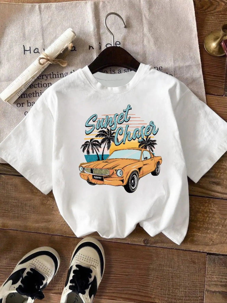 Women's Car & Landscape Print Round Neck Tee, Vintage Trendy Casual Short Sleeve T-shirt for Daily Wear, Ladies All Seasons Outfit