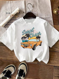 Women's Car & Landscape Print Round Neck Tee, Vintage Trendy Casual Short Sleeve T-shirt for Daily Wear, Ladies All Seasons Outfit