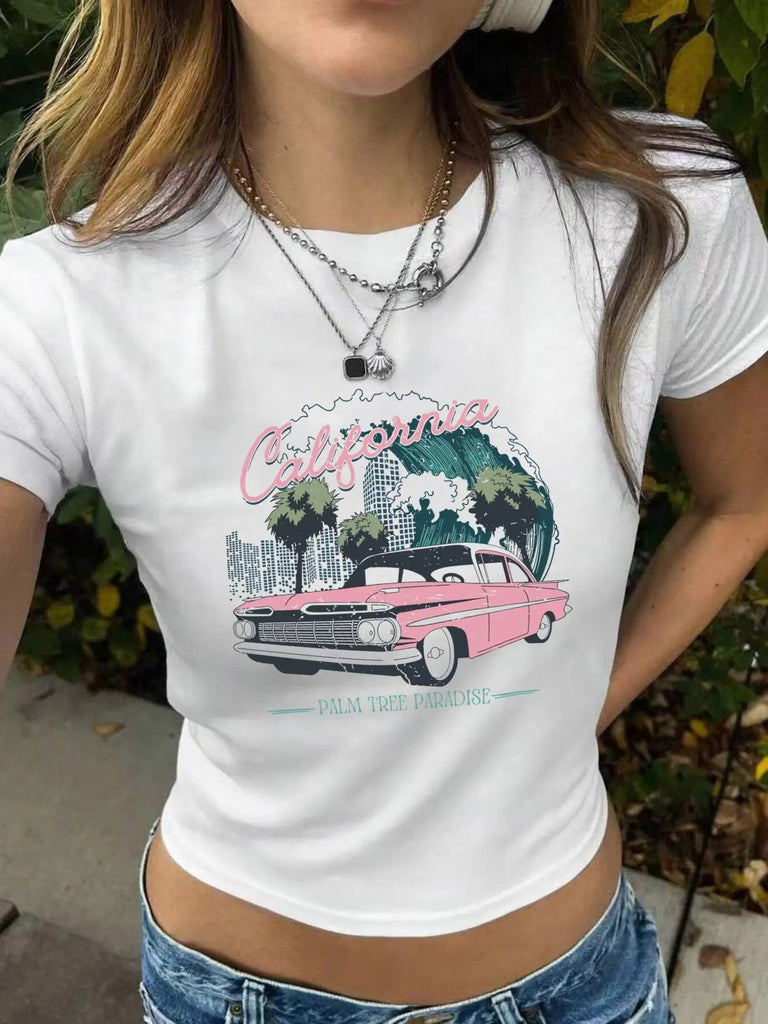 Women's Car & Letter Print Round Neck Crop Tee, Vintage Trendy Casual Short Sleeve T-shirt for Daily Wear, Ladies Summer Outfit