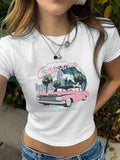 Women's Car & Letter Print Round Neck Crop Tee, Vintage Trendy Casual Short Sleeve T-shirt for Daily Wear, Ladies Summer Outfit