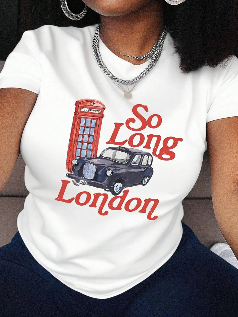 Women's Car & Letter Print Round Neck Tee, Vintage Trendy Casual Short Sleeve T-shirt for Daily Wear, Ladies Summer Outfit