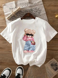 Women's Cartoon Bear Print Round Neck Tee, Fashion Casual Crew Neck T-shirt for Daily Holiday Vacation Outdoor Wear, Ladies Clothes for All Seasons