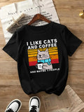Women's Cartoon Cat & Letter Print Round Neck Tee, Fashion Casual Short Sleeve Crew Neck T-shirt for Daily Holiday Vacation Outdoor Wear, Ladies Clothes for All Seasons
