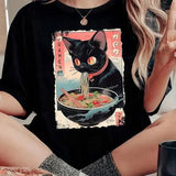 Women's Cartoon Cat & Ramen Print Round Neck Tee, Fashion Casual Drop Shoulder Short Sleeve T-shirt, Ladies Summer Clothes for Daily Wear