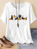 Women's Cartoon Cat Print Round Neck Graphic Tee, Vintage Trendy Casual Drop Shoulder Half Sleeve T-shirt For Daily Wear, Ladies Summer Outfit